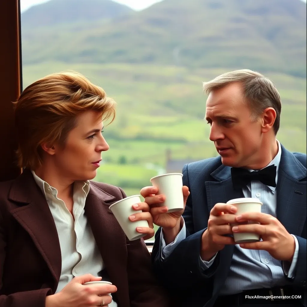 David Bowie drinking coffee in Scotland with James Bond