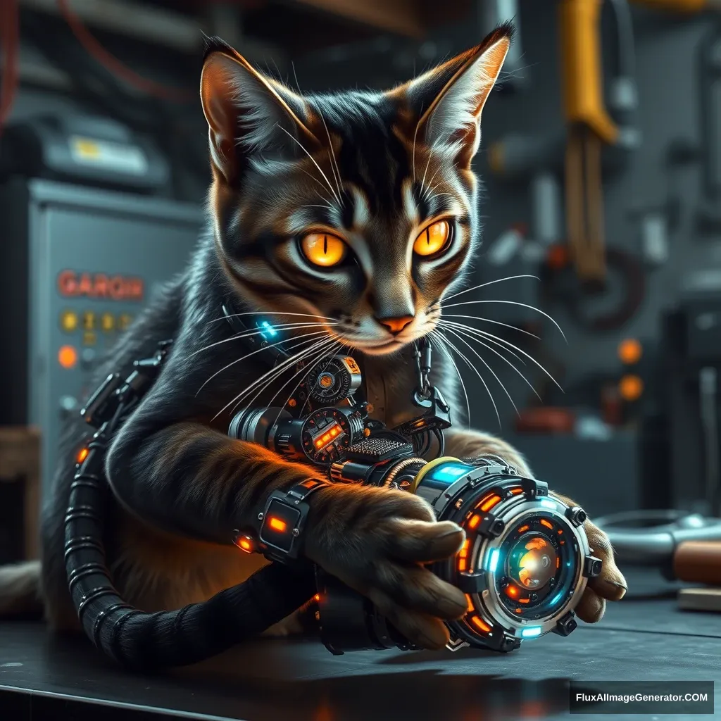 A cybernetic feline meticulously repairs its robotic tail, exposing intricate gears and pulsing circuits. Hyper-realistic details reveal oily metal, flickering LEDs, and synthetic fur. The cat's eyes glow with determination, set against a futuristic workshop backdrop. Shadows emphasize the surreal melding of organic and artificial.