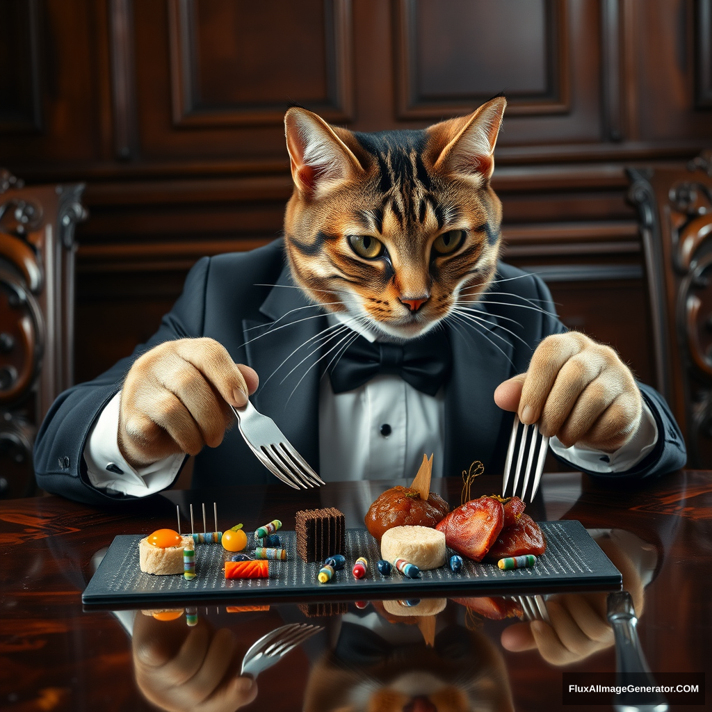 A sophisticated tabby cat, impeccably dressed in a tailored tuxedo, dines at an ornate mahogany table. It delicately wields a silver knife and fork, precisely manipulating an array of colorful surface mount capacitors and resistors arranged like gourmet cuisine. The hyper-realistic scene captures every whisker, reflecting. - Image