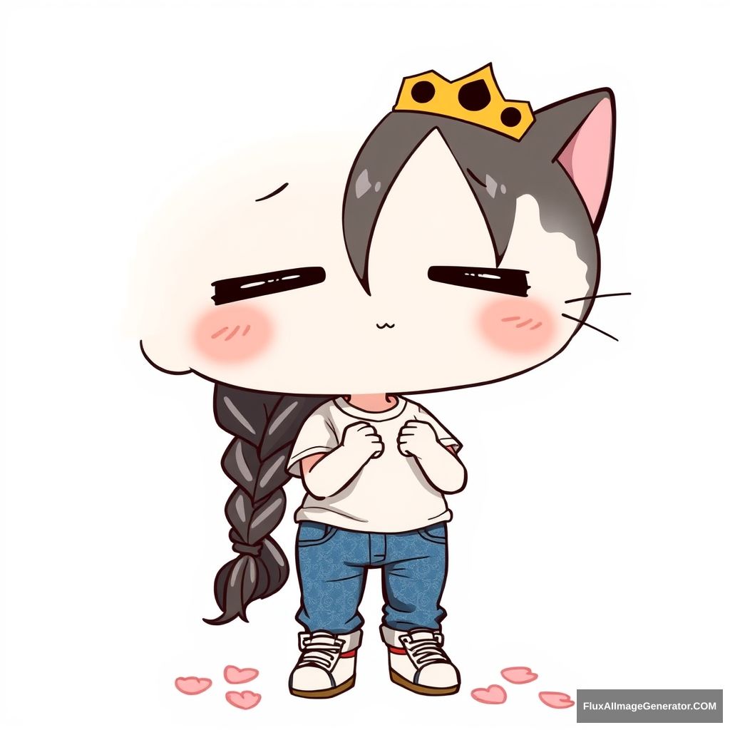 wawa, best quality, high resolution, masterpiece, simple background, 1 girl, braid, crown, shirt, black hair, cat, closed eyes, petals, solo, long hair, pants, t-shirt, white background, shoes, simple background, animal, chibi, child, clenched hands, denim, jeans, pout, full body, clothes writing, standing, :t, blush, sneakers.