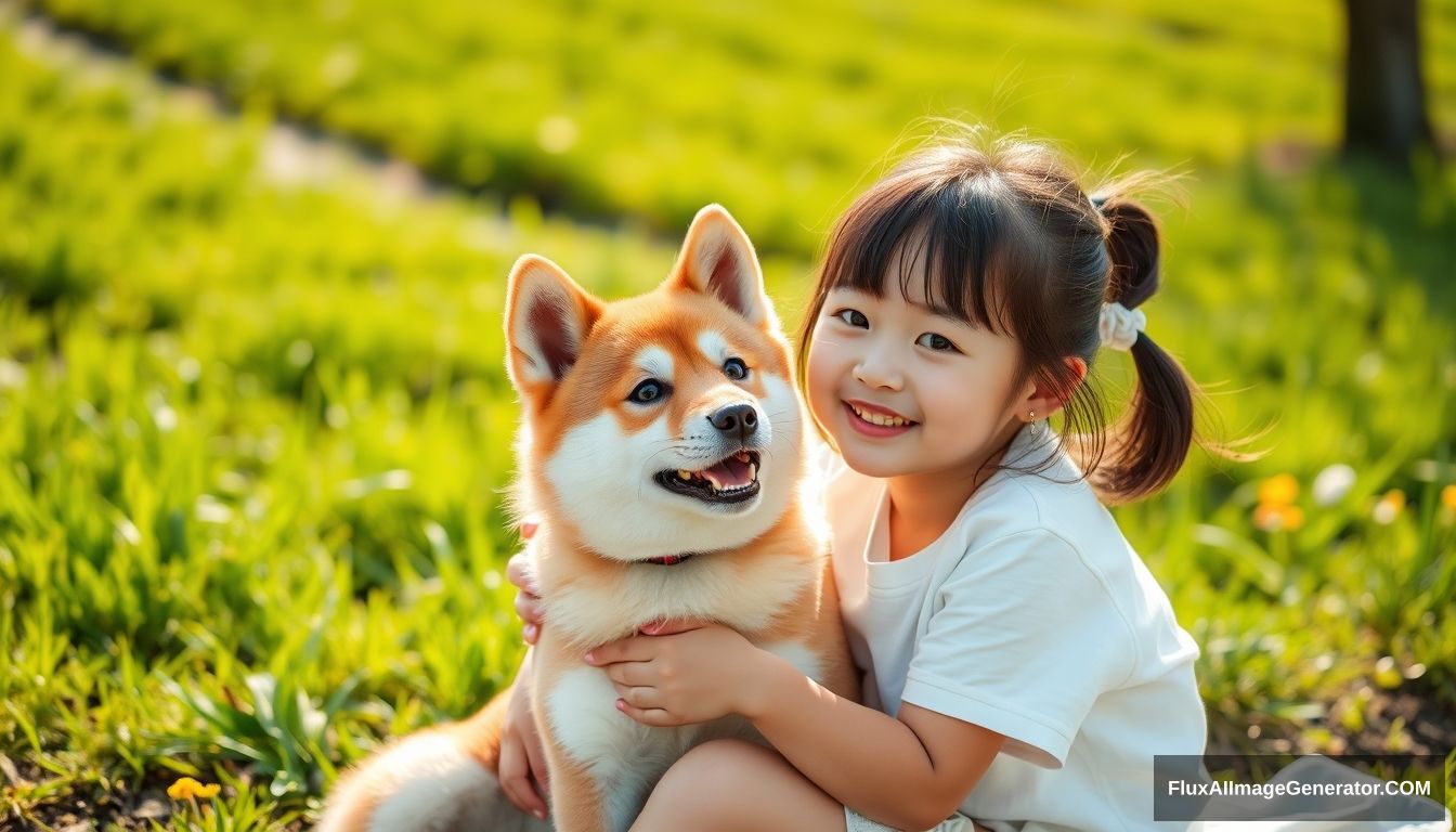 A young Asian girl and a baby Shiba Inu are sitting in the garden enjoying the sunshine. The spring sunlight is shining on her, with green fields behind her. Master lens, fresh, realistic, Tyndall. - Image