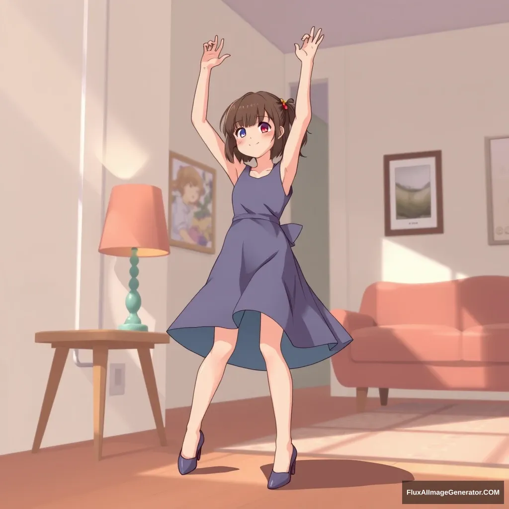 1 girl, indoors, lifting arms, high heels, OL dress. - Image