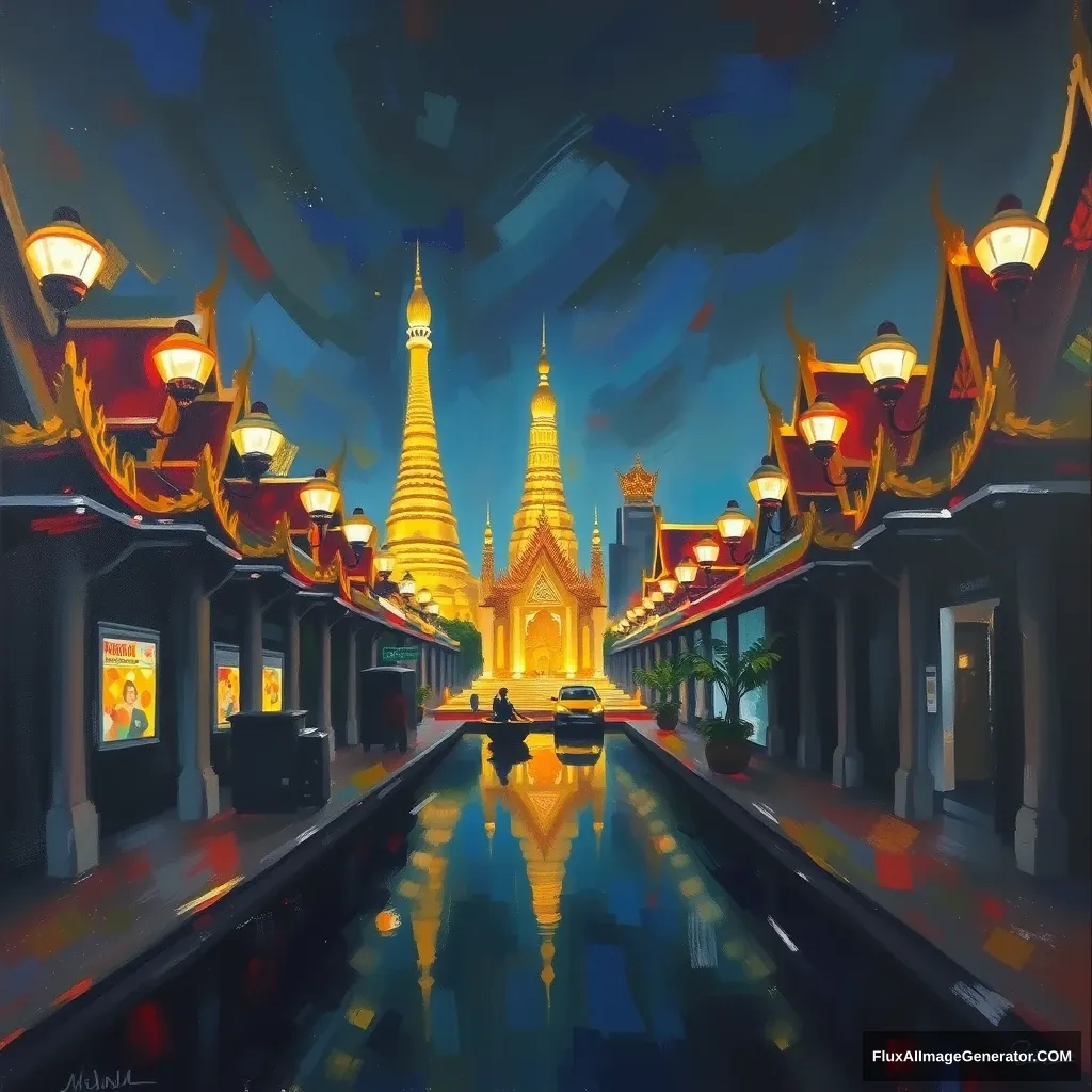 Oil painting of Bangkok at night in the temple.