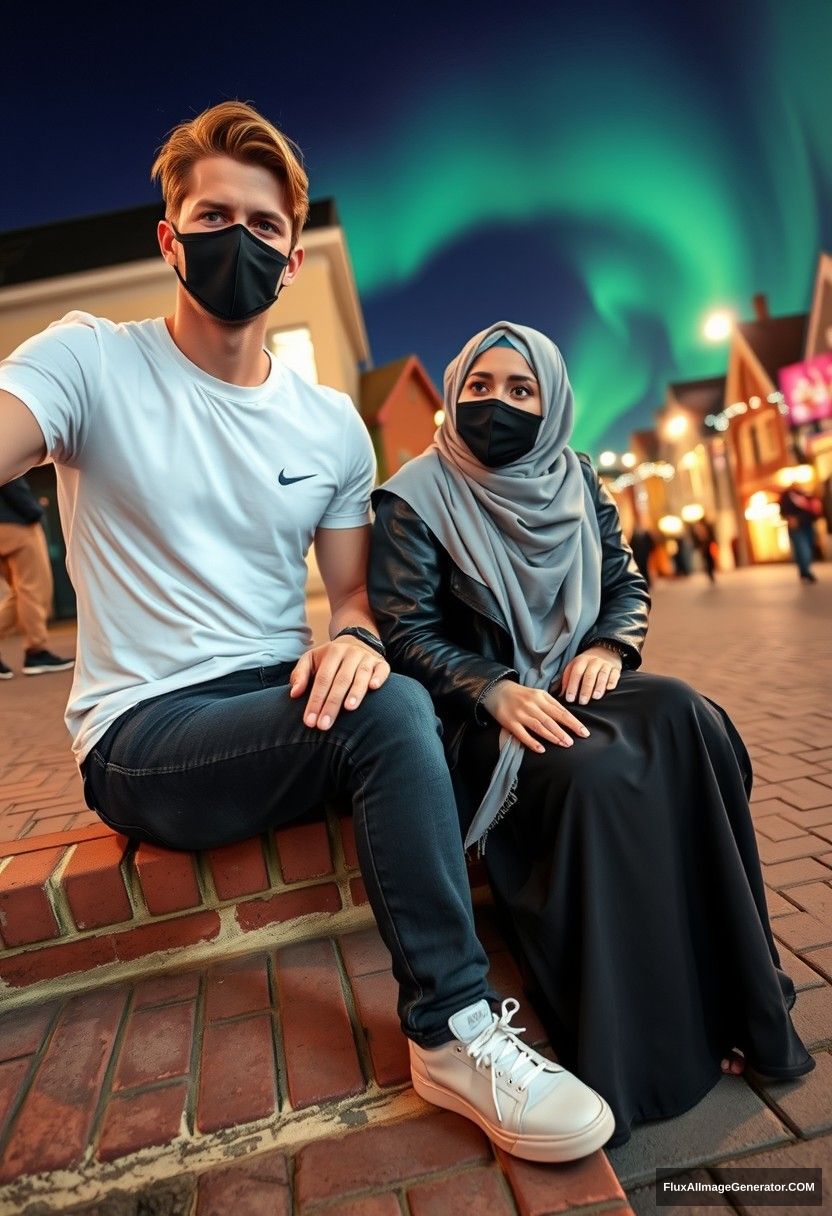 Jamie Dornan, tall and handsome, wearing a black face mask, white Nike T-shirt, and jeans, dating a beautiful Muslim girl in a grey hijab with stunning eyes, also wearing a black face mask, a leather jacket, and the longest and largest skirt, who is not tall. 

They are sitting on brick steps in the town, in a photorealistic style, captured in street photography, selfie photos, with a night scenery featuring the aurora borealis. - Image