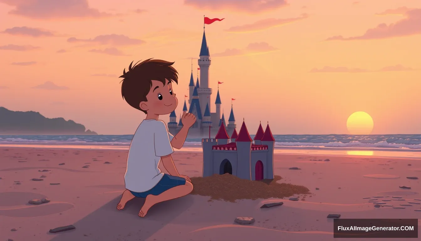 A boy and his best friend are playing on the beach, building a Disney-like castle as the sun sets in the distance. The sky is ambient and everything is peaceful, in a cartoon style.