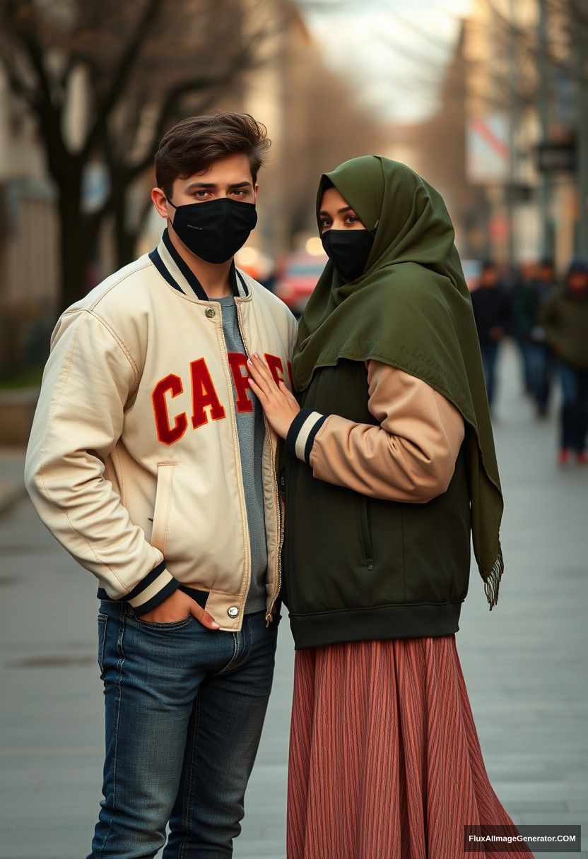 Jamie Dornan, young, black face mask, capital A collage jacket, jeans, red sneakers, dating, romantic love with a girl in a big army green hijab, beautiful eyes, black face mask, college jacket, biggest longest skirt, not a tall girl, photorealistic, realistic, street photography, full photography.