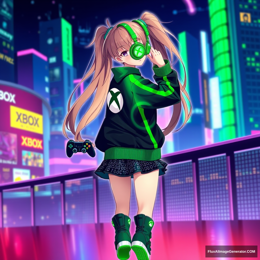 A vibrant anime girl with long, flowing hair styled in twin-tails is wearing a stylish outfit inspired by Xbox. Her jacket is sleek, black, and green, featuring the iconic Xbox logo on the back. The sleeves have neon-green stripes, and the jacket is slightly oversized, giving it a trendy, streetwear vibe. She wears a matching skirt with a digital pattern resembling an Xbox controller's buttons. Her shoes are high-top sneakers with a glowing green accent. In one hand, she's holding an Xbox controller, and her other hand is playfully adjusting her headphones, which also have the Xbox logo. The background is a futuristic cityscape at night, with neon lights reflecting the Xbox color scheme, creating an electrifying atmosphere. - Image