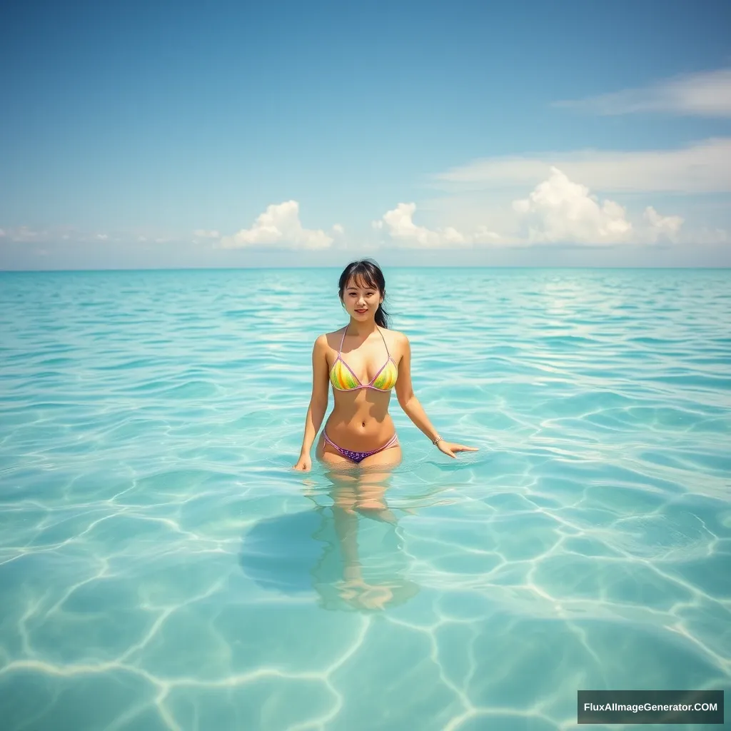 A bikini Asian girl on the sea.