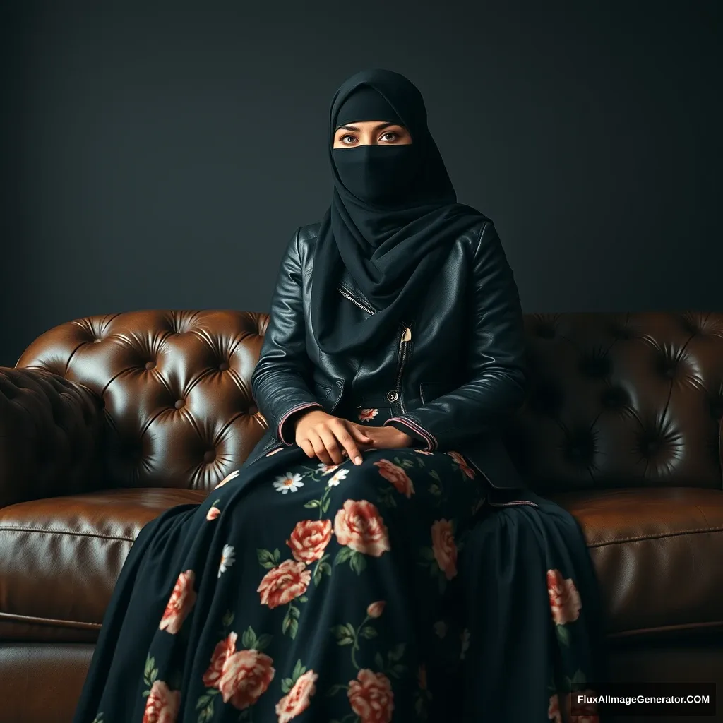 A biggest black hijab girl, burqa, black leather jacket, biggest floral long dress, sitting on leather sofa, hyper realistic, studio photography. - Image