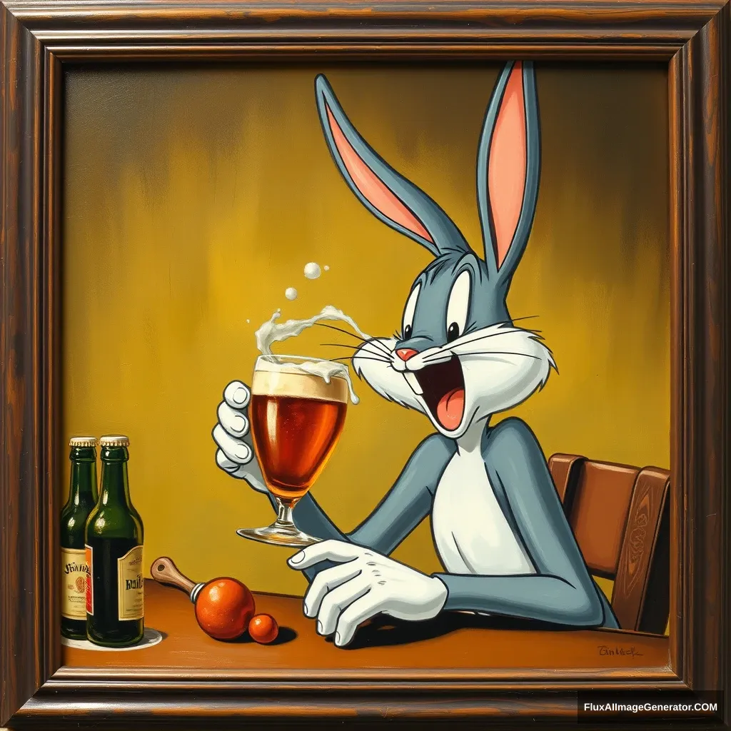 I want a painting of Bugs Bunny getting absolutely hammered after his tenth pint of the day.