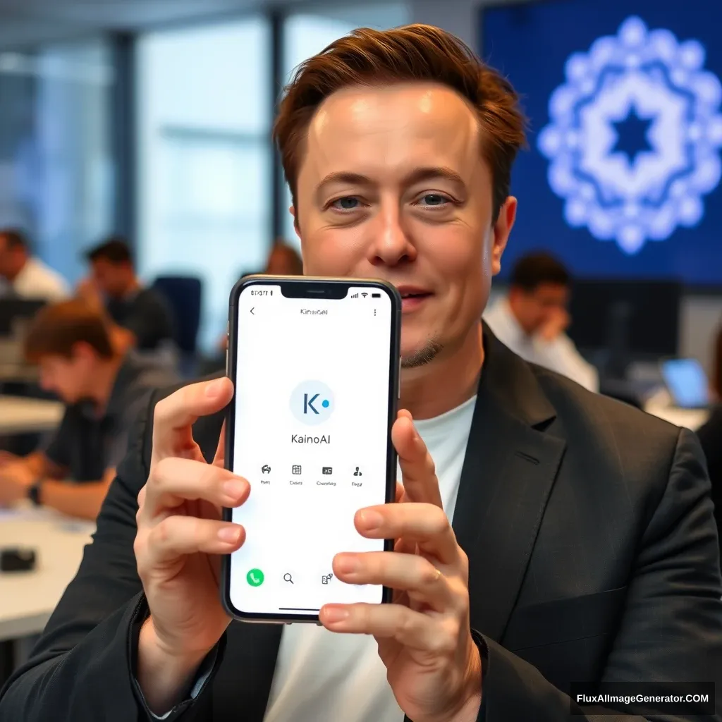 Elon Musk holds a phone and the phone screen shows the KainoAI app, the background is at the OpenAI office.