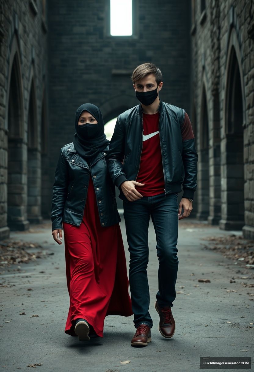 A biggest black hijab girl, beautiful eyes, face mask black, black leather jacket, biggest red longest dress, not tall, walking near him and love, holding his arm, love couple

Jamie Dornan, handsome, youngest, face mask black, fit and tough body, Nike red t-shirt, black leather jacket, jeans, red sneakers, tall man, walking near her, love couple

Hyper realistic, photorealistic, studio photography, Victoria's abandoned castle, gloomy. - Image