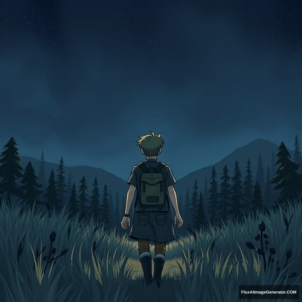 The back of a teenager walking in the middle of a wilderness, the sky is dark and it feels like the end of the world, illustration style.