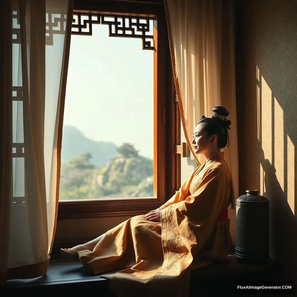 Sitting by the ancient windowsill with high-definition curtains, Empress Wu Zetian of the Tang Dynasty was bathed in the light effect of Dingdar. - Image