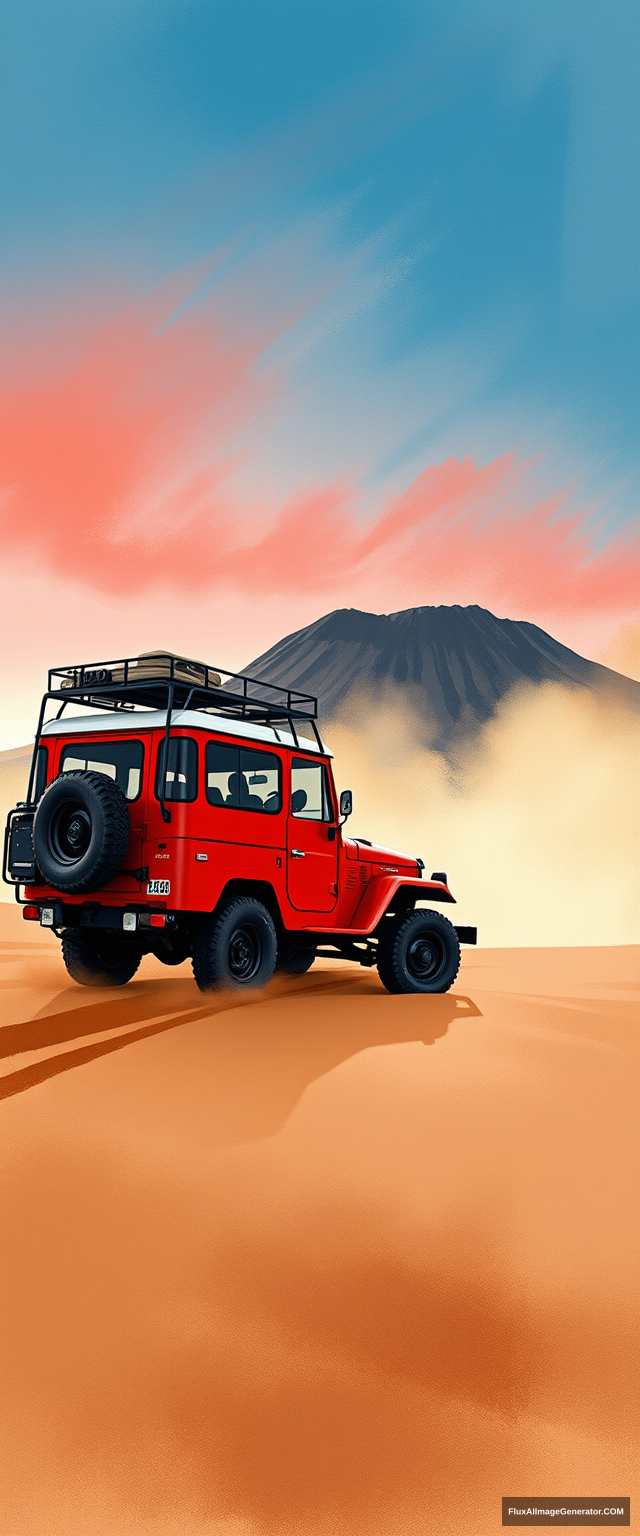 Create a watercolor illustration of rough strokes, muted colors, a red Toyota Land Cruiser FJ40 adventure car (accurately) crossing on sand. Setting of Mount Bromo, East Java, Indonesia. Dust, sunset. Red blue sky. Dramatic.