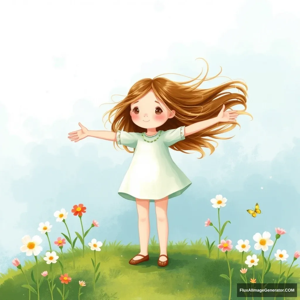 Children's book illustration, little girl opens her arms, standing in the wind, the wind blowing her long hair, with flowers blooming around.