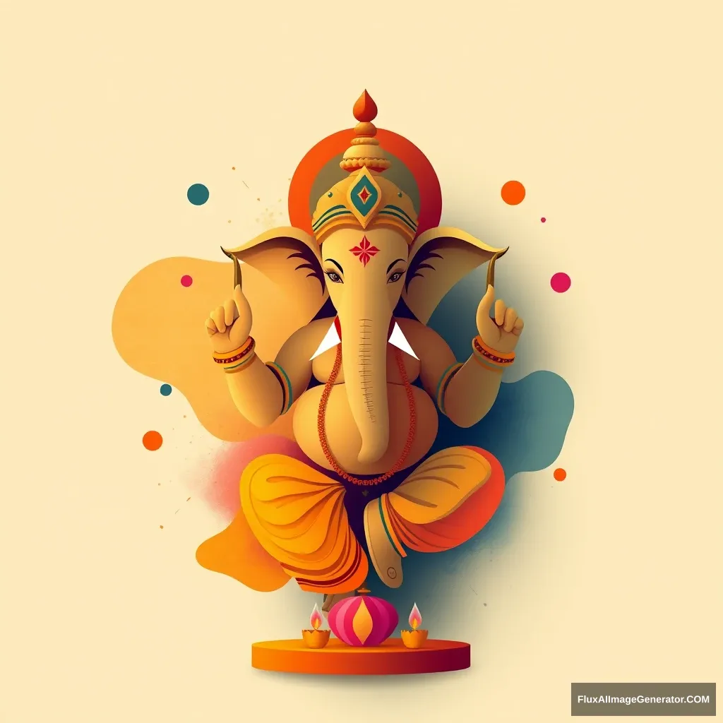 Design an abstract and contemporary representation of the Ganesha festival. Use bold, geometric shapes and vibrant colors to depict Lord Ganesha in a minimalist style. Incorporate modern elements like abstract patterns and textures, with hints of traditional motifs like modaks and lotus flowers. Play with light and shadow to create a dynamic and ethereal atmosphere. Focus on creating a sense of movement and celebration through fluid lines and unexpected color combinations. The overall feel should be modern, artistic, and spiritually uplifting.