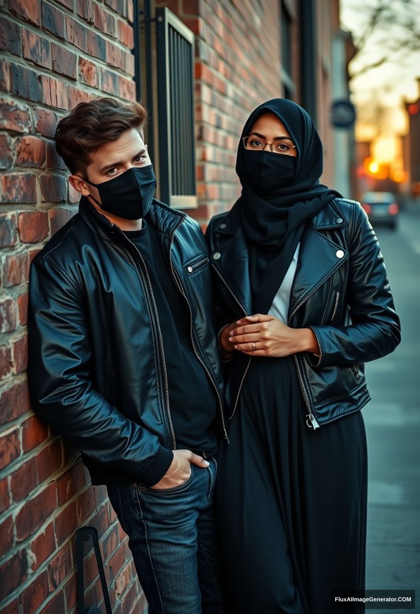 Jamie Dornan, handsome, young, black face mask, collage jacket, jeans, dating a beautiful Muslim girl in a black hijab with beautiful eyes, wearing a black face mask, black leather jacket, and a large skirt, standing and lying against a brick wall, in a town, morning scenery, sunrise, photorealistic, street photography.