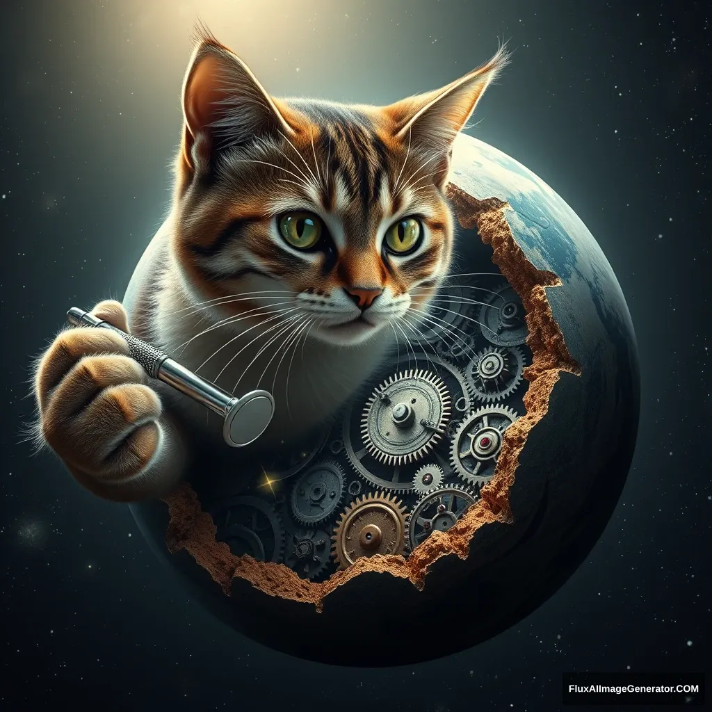 A hyper-realistic feline mechanic, fur glistening under cosmic light, delicately maneuvers a precision screwdriver into an Earth-like planet's exposed core. Intricate gears and pulsating circuits intertwine within, revealing a clockwork cosmos. The cat's determined eyes reflect the vastness of space, embodying humanity's quest to understand universal mechanisms. - Image