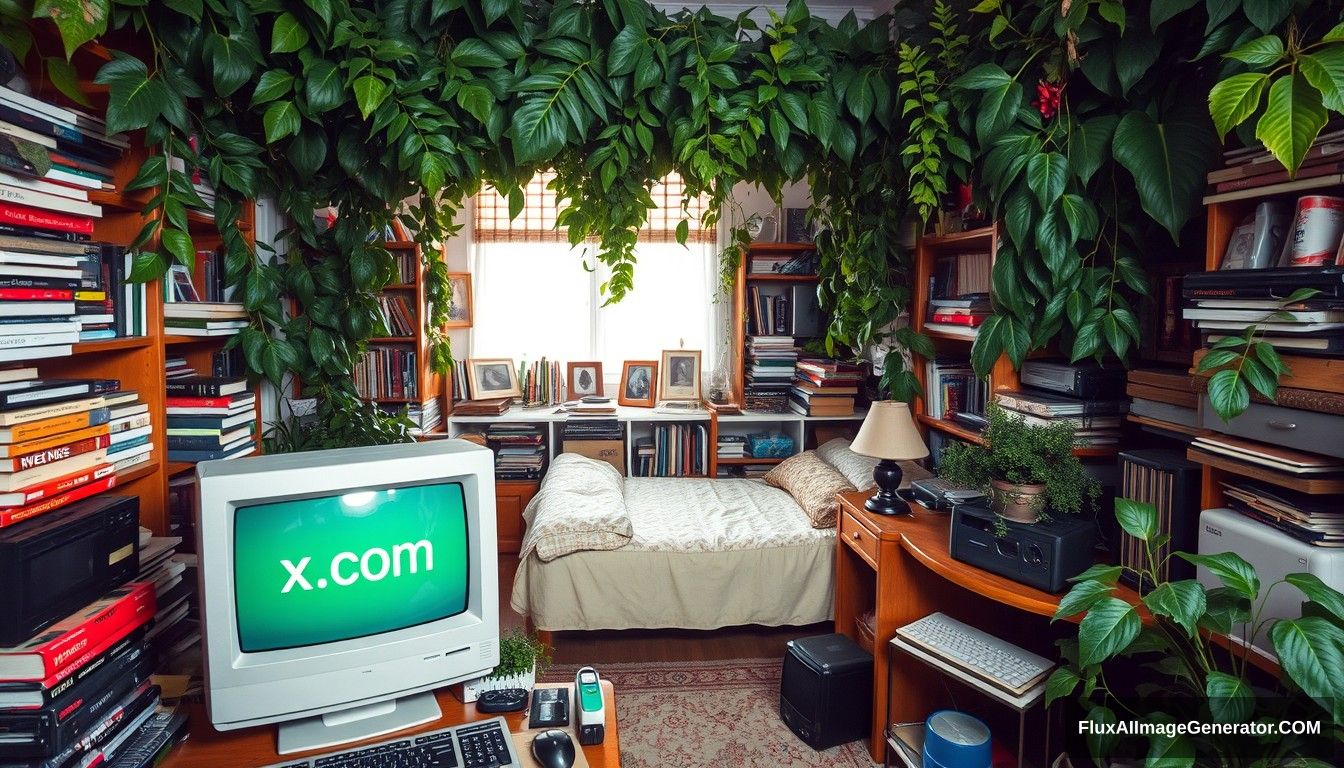 Photograph of a cluttered bedroom, overtaken by lush plant life. The room is filled with books, a single bed, and vintage tech gadgets, all surrounded by greenery. In the foreground, an old computer monitor on a desk displays the word 'x.com' in classic green text. The overall atmosphere is one of organized chaos, where nature intertwines with technology and personal artifacts. - Image