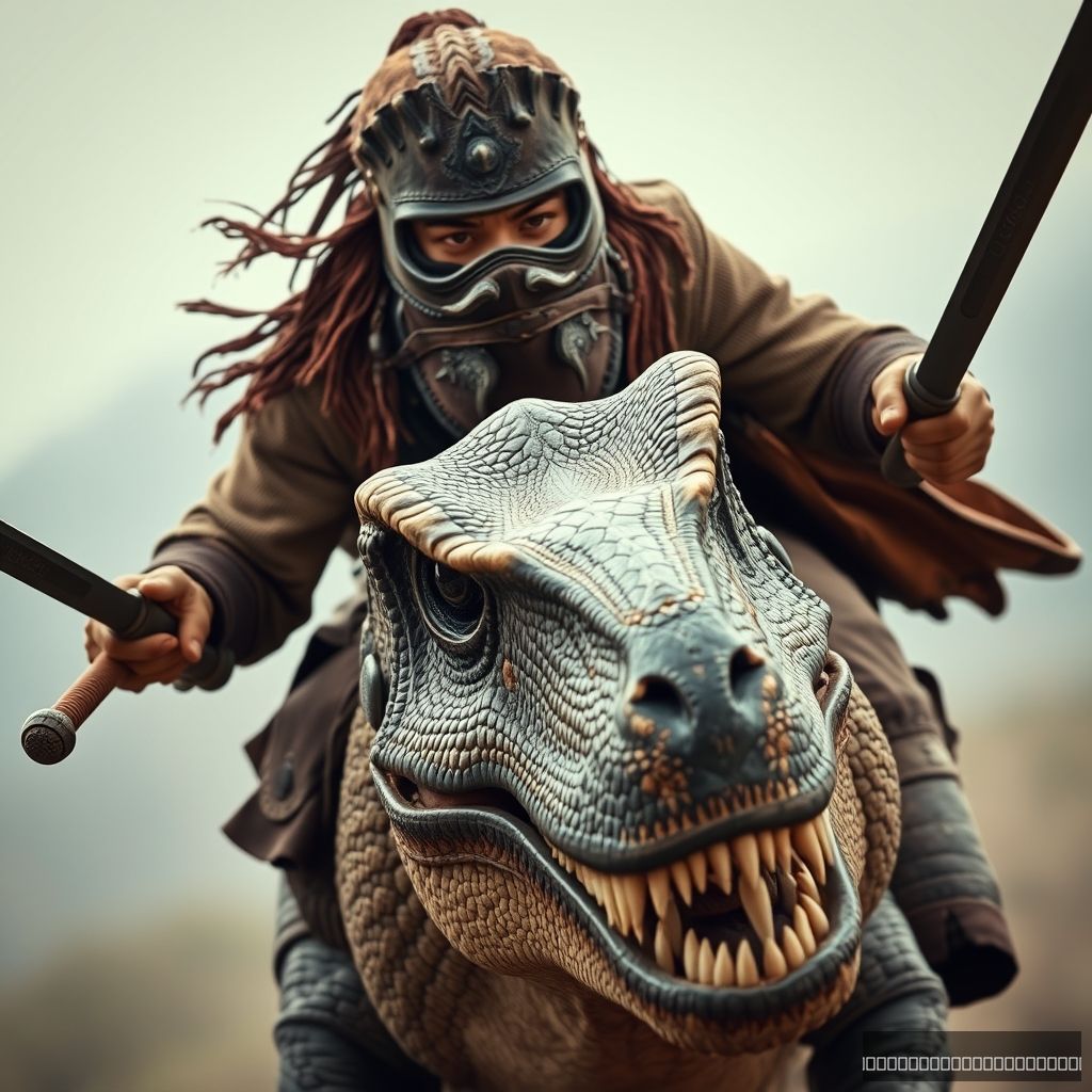 Close-up shot of an ancient Mongolian warrior's face covered with a leather mask, riding towards the viewer on the back of a T-rex dinosaur running at a galloping speed, holding a Mongolian sword in each hand, symmetry.