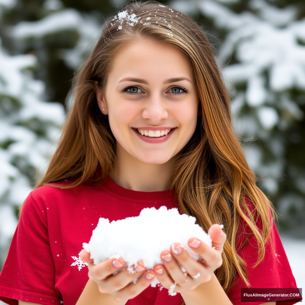 A pretty 26-year-old ally Hinson from Appalachian College wearing a red t-shirt and light brown hair in the snow holding snow. - Image