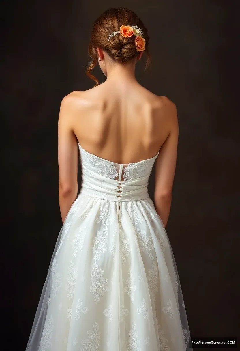 a young woman, sensitive, delicate, ashamed, backless strapless lace wedding dress - Image