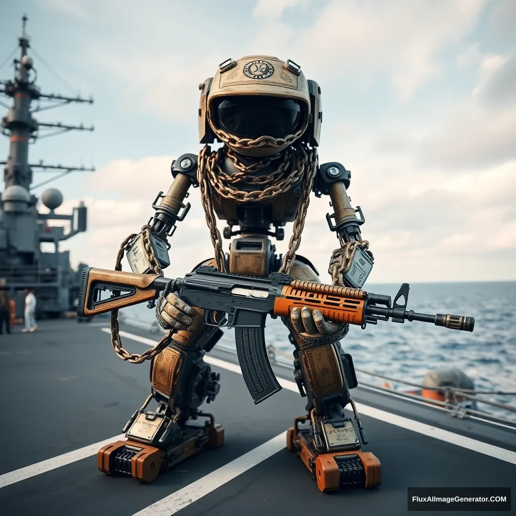 A large robot assembled from motorcycle chains on an aircraft carrier, holding a new AK47. - Image