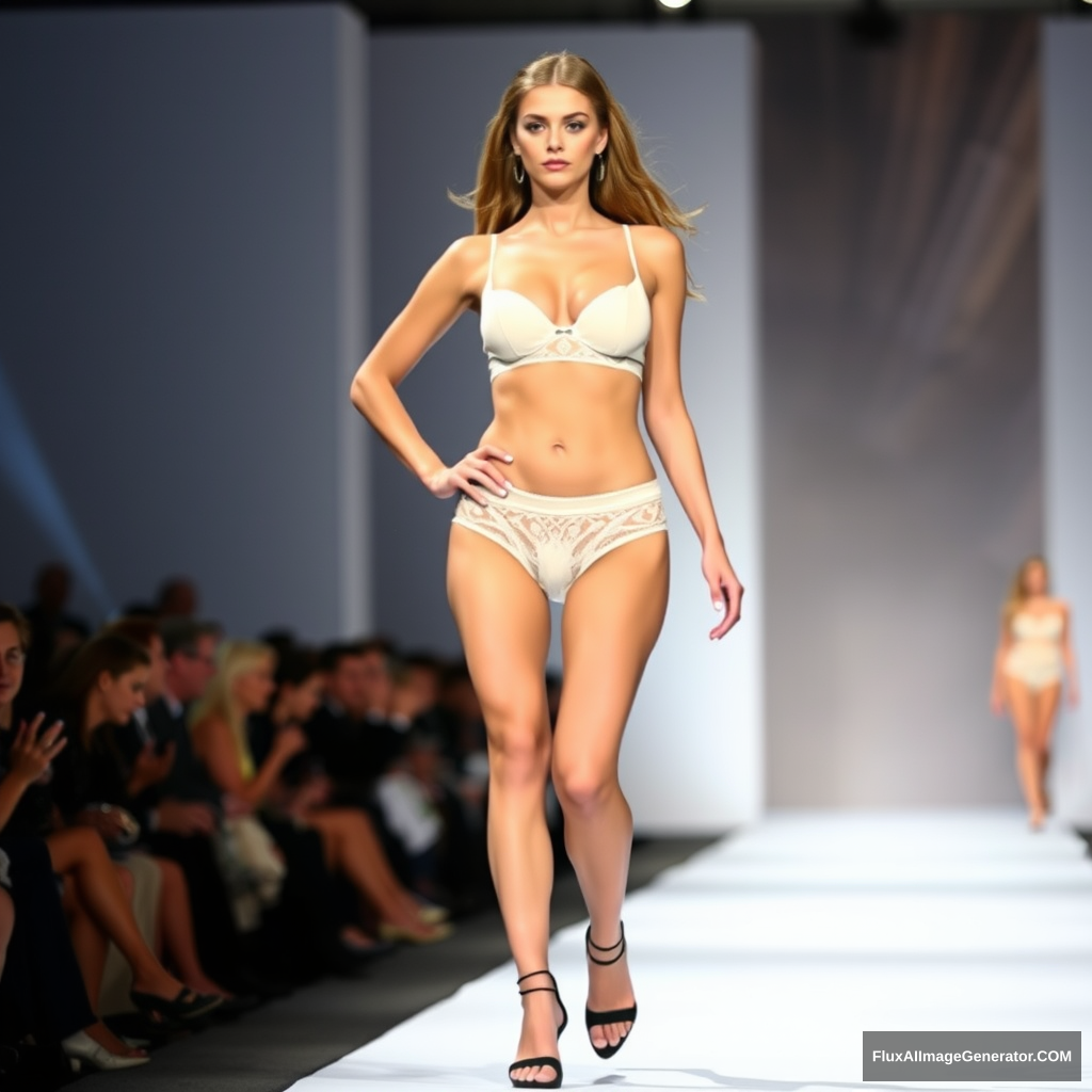 Underwear model on runway for a fashion show. Pantyhose.