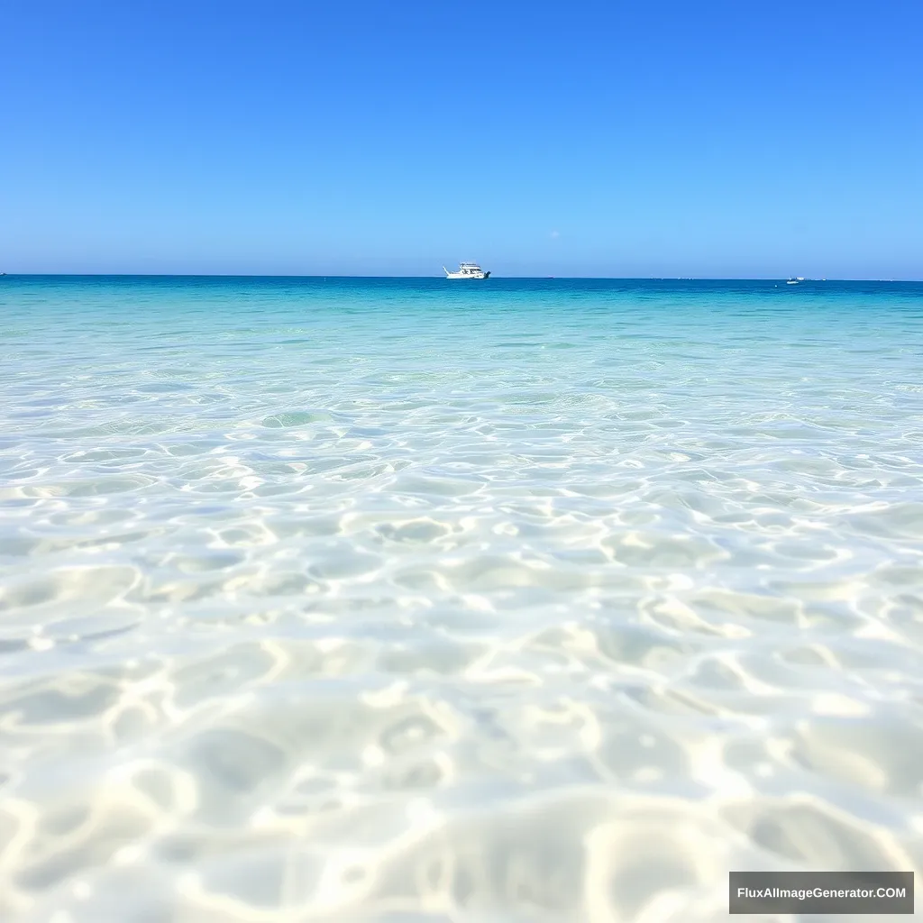 Sunny, beach, clear sea water.