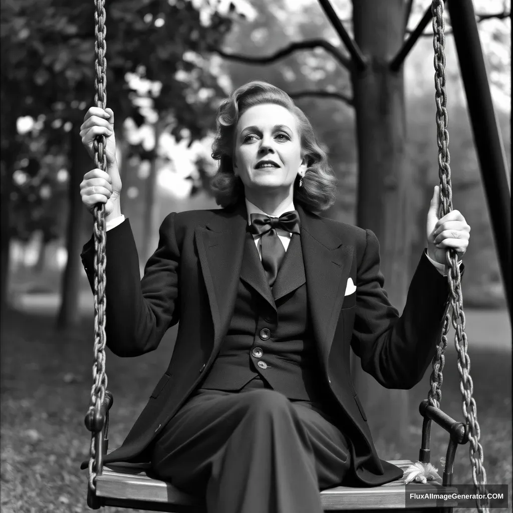 Marlene Dietrich in a men's suit on a swing. - Image