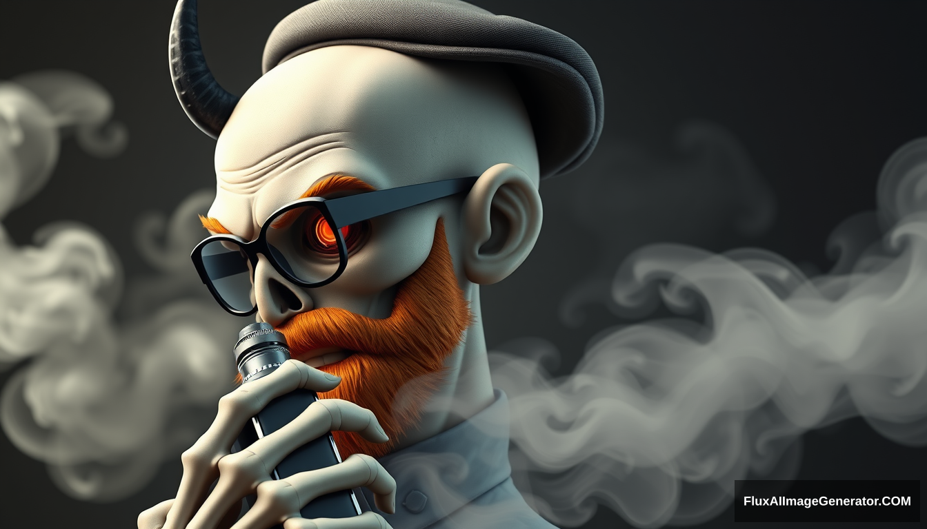 Three-quarter view of a sinister, bald cartoon human male with subtle necromancer features. Demonic obsidian horns contrast with a short, fiery ginger beard. Weathered flat cap and aviator glasses, hellfire glowing eyes. Skeletal fingers clutch a chrome vape mod, exhaling dense, swirling vapor clouds. 3D rendered.