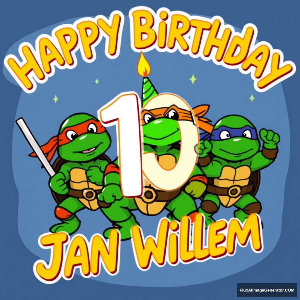 Birthday card for Jan Willem turning 10 with ninja turtles. - Image