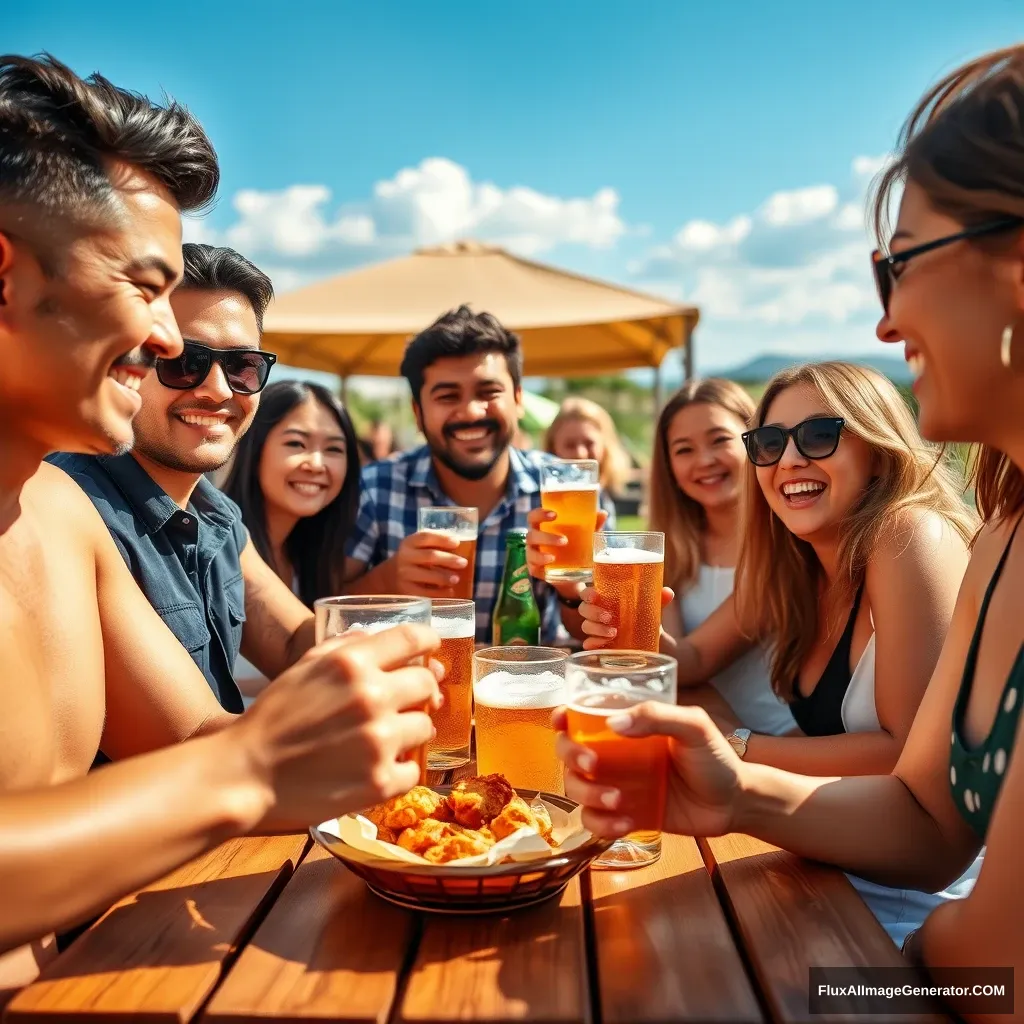 A company of Asian descent plans to have a gathering with 10 male and female employees on a hot summer day, enjoying cool beer and chicken. An image that creates a cheerful atmosphere before the gathering. - Image