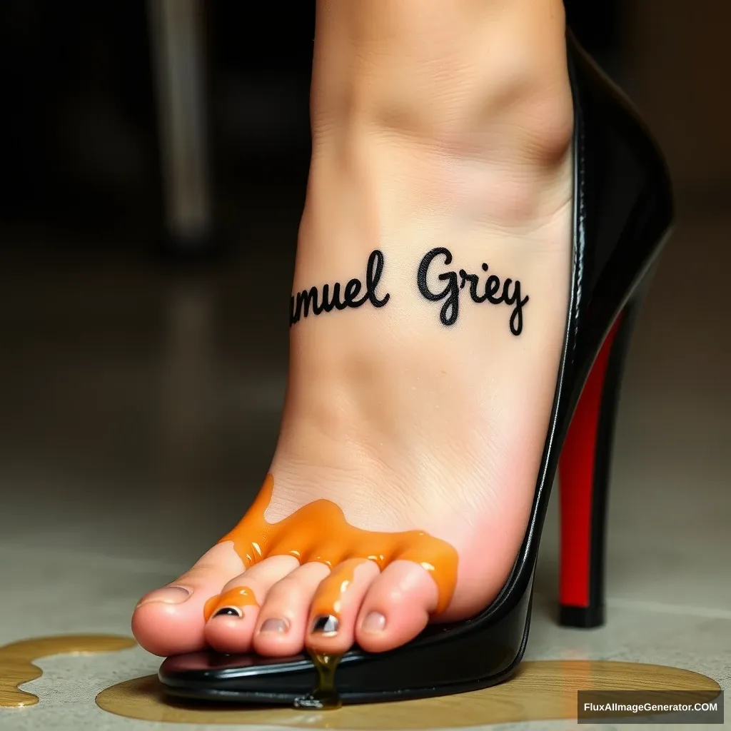 The name "Samuel Greg" on a woman's foot in a black high heel. There is oil all over the foot. - Image