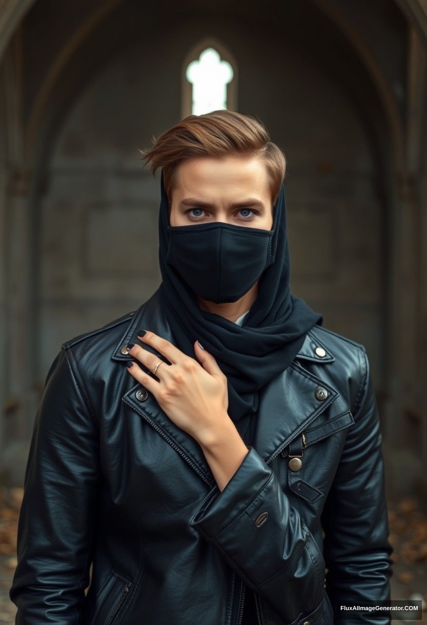 Jamie Dornan's head and body shot, handsome, face mask black, black leather jacket, dating, love with the biggest black hijab Muslim girl, beautiful eyes, face mask, maroon leather jacket, biggest black skirt, hyper realistic, studio photography, full body photo, explore at abandoned castle.