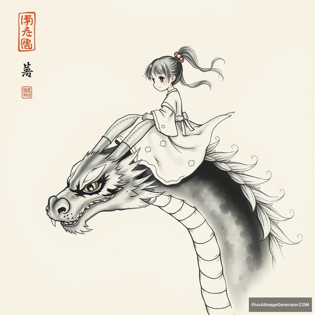 Ink painting, a little girl riding on the dragon's head.