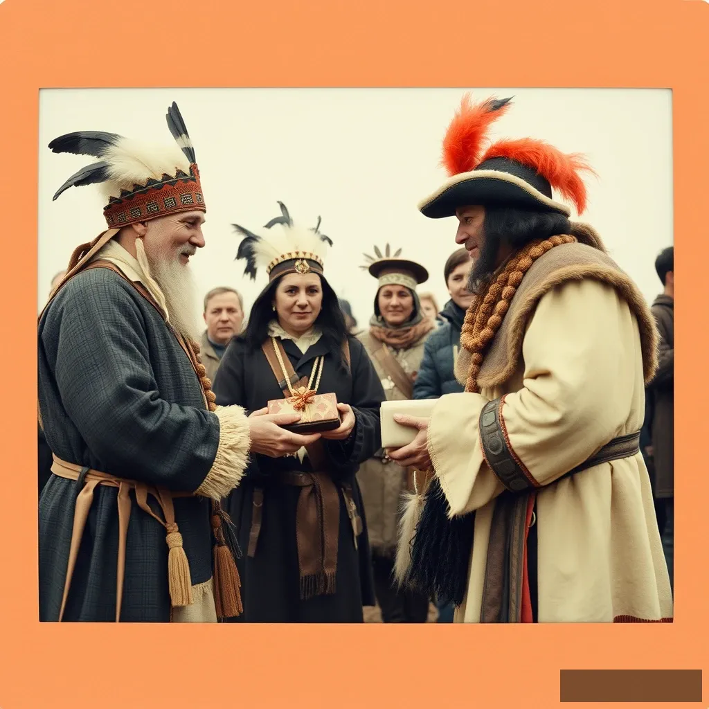 Natives exchange gifts with Samuel de Champlain. Polaroid photo. - Image