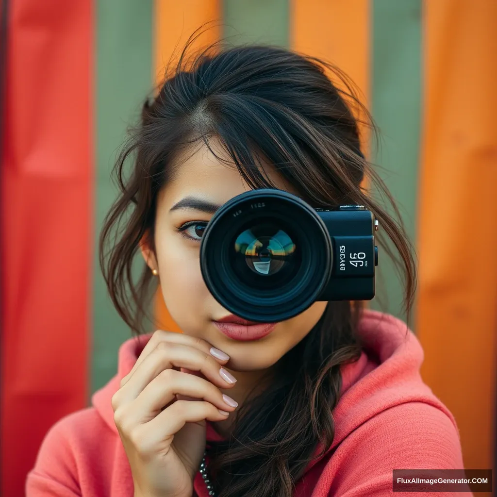 Camera lens photo of a young woman