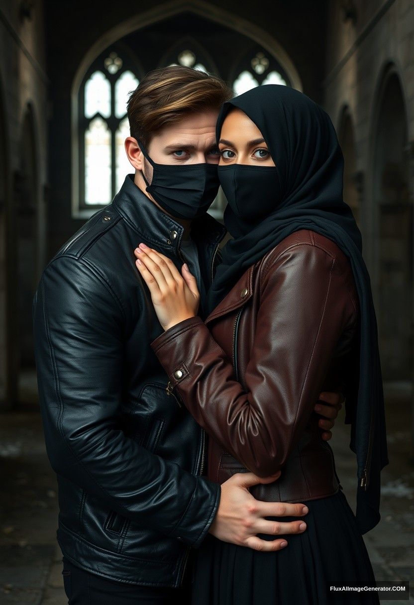 Jamie Dornan's head and body shot, handsome, face mask black, black leather jacket, dating, love hug with the biggest black hijab Muslim girl, not tall, beautiful eyes, face mask, maroon leather jacket, biggest black skirt, hyper-realistic, studio photography, full body photo, explore at abandoned castle, gloomy.