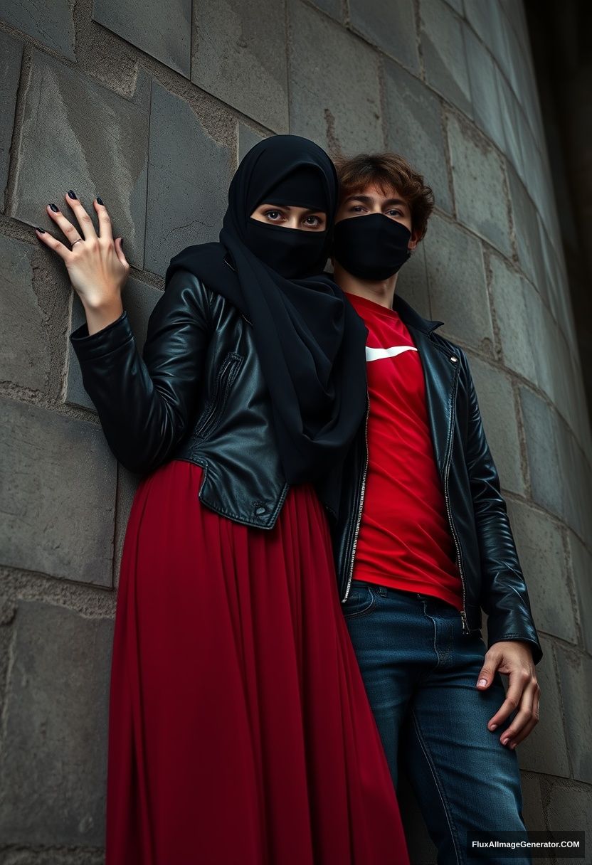 A biggest black hijab girl, beautiful eyes, face mask black, black leather jacket, biggest red longest dress, untall, laying at him,

Jamie Dornan, handsome, face mask black, fit and tough body, Nike red t-shirt, black leather jacket, jeans, tall man, laying at wall,

Hyper realistic, photorealistic, studio photography, Victoria's abandoned castle, gloomy.