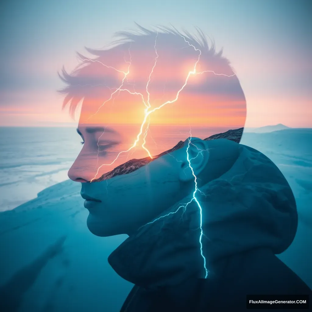 "[Abstract style lightning from top to bottom, in an icy and snowy landscape] within the outline of the [man's] head, this is a double exposure photo. Non-figurative, colors and shapes, emotional expression, imaginative, very detailed."