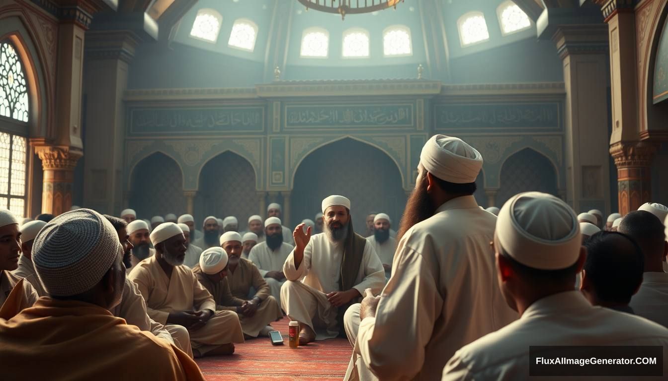 Prophet Muhammad (SAW) addressing his companions in a mosque, explaining the signs of Dajjal. The scene is filled with calm yet serious expressions, emphasizing the importance of the message. Ultra HD, realistic, respectful, with soft and cinematic lighting.