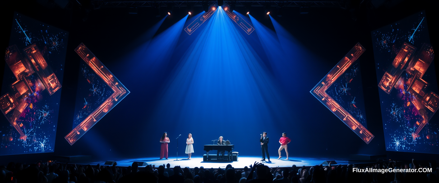 Stage inspired by diamond shapes, piano, dancers, singers, dark blue light, sparkling lights, vibrant audience.