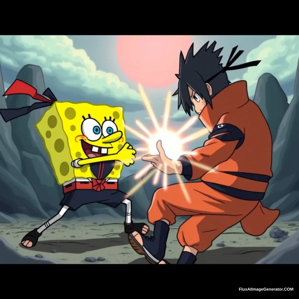 SpongeBob and Naruto, wearing Uchiha Sasuke's clothes, are fighting using ninja techniques in the Valley of the End. - Image