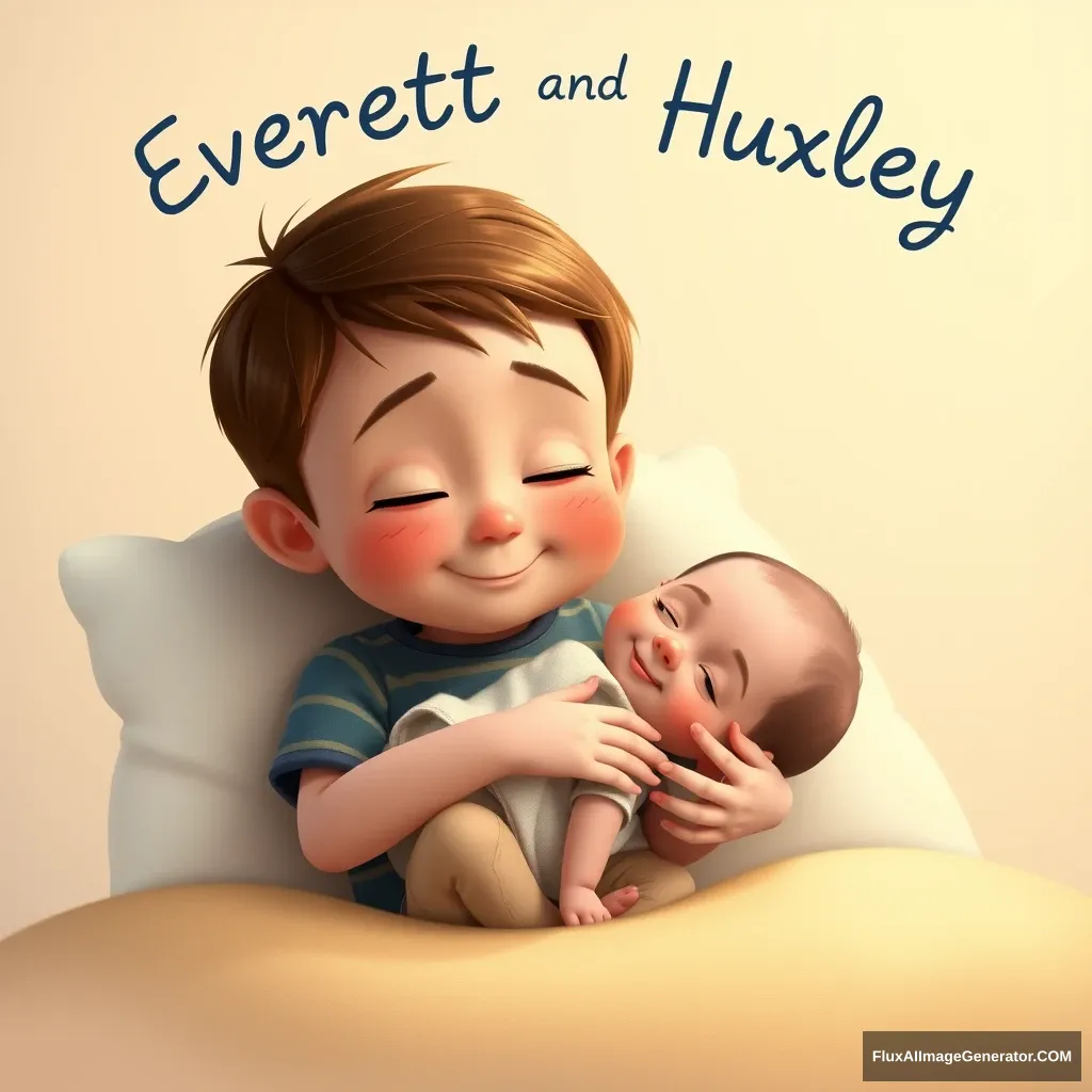 A 2 and a half year old boy cuddling his newborn baby brother. Above them float their names "Everett and Huxley". Pixar style.