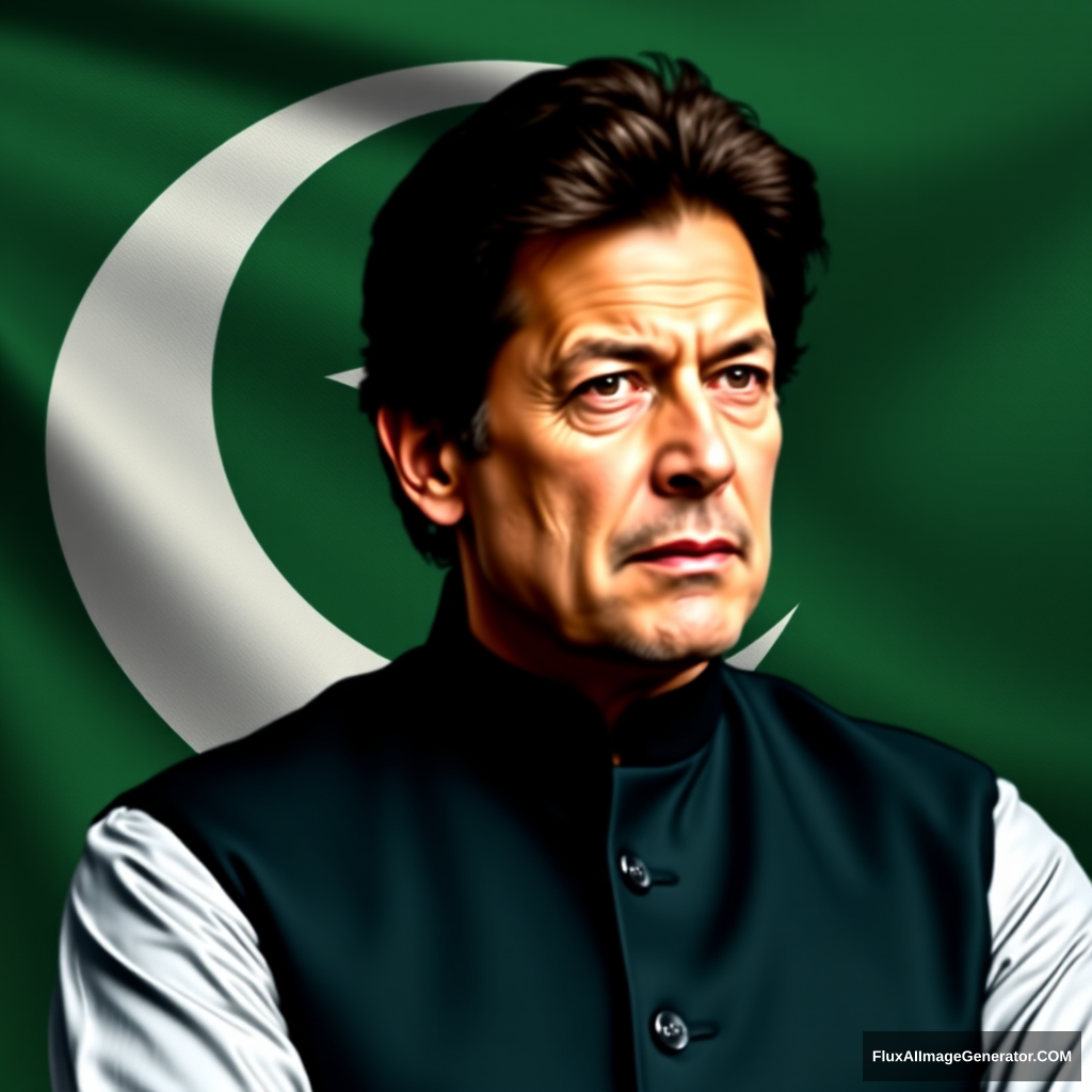 Can you create the real image of Imran Khan with the background of the Pakistani flag? - Image