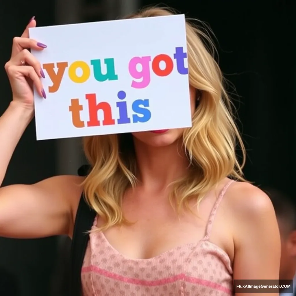 Taylor Swift holding up a sign with colorful letters that spell “you got this.”