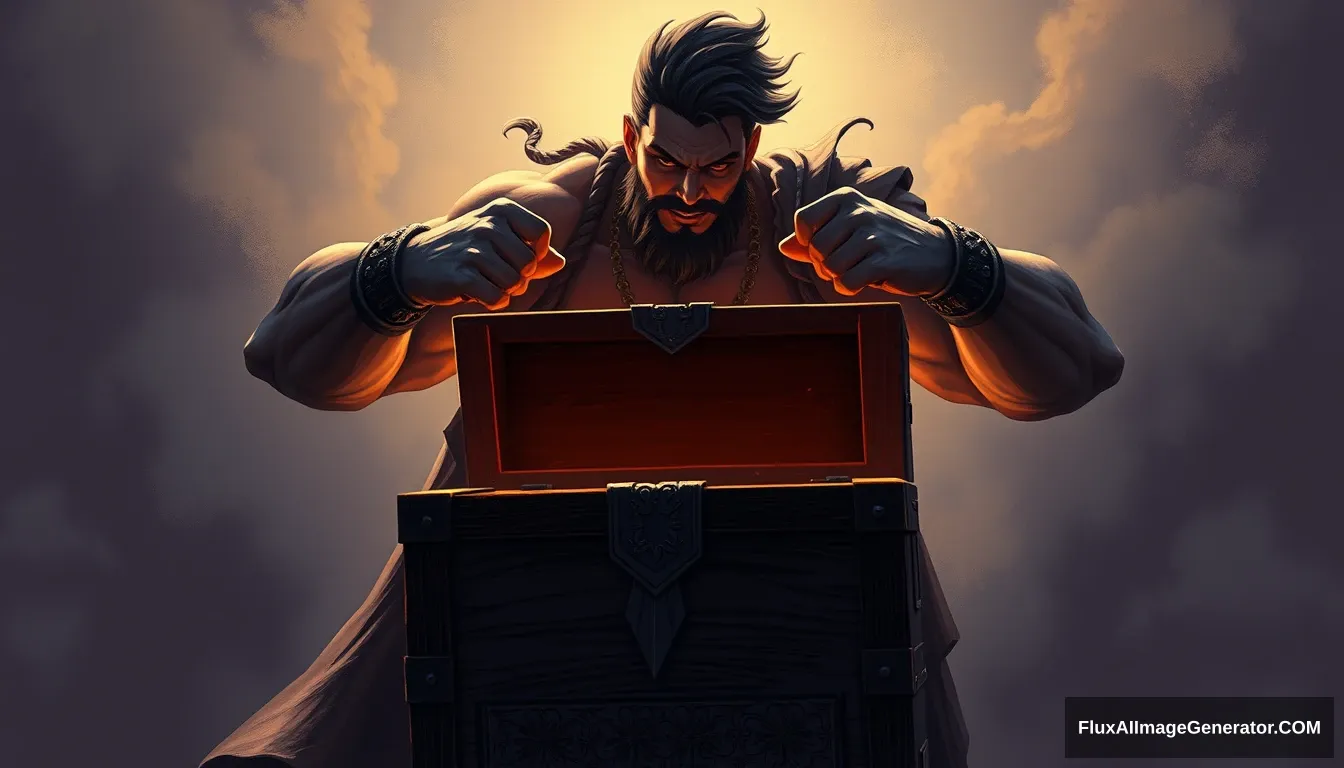 Cel shaded art, a strong man opens a chest. - Image