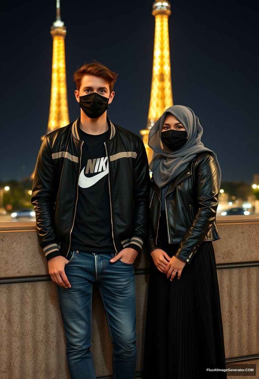 Jamie Dornan, youngest, black face mask, collage jacket, Nike t-shirt, jeans, tall man, fit body,

Dating, love with the biggest grey hijab Muslim girl, beautiful eyes, black face mask, leather jacket, biggest longest skirt, cute short girl,

standing by the wall, Eiffel Tower, night scenery, hyper-realistic, photorealistic, street photography. - Image